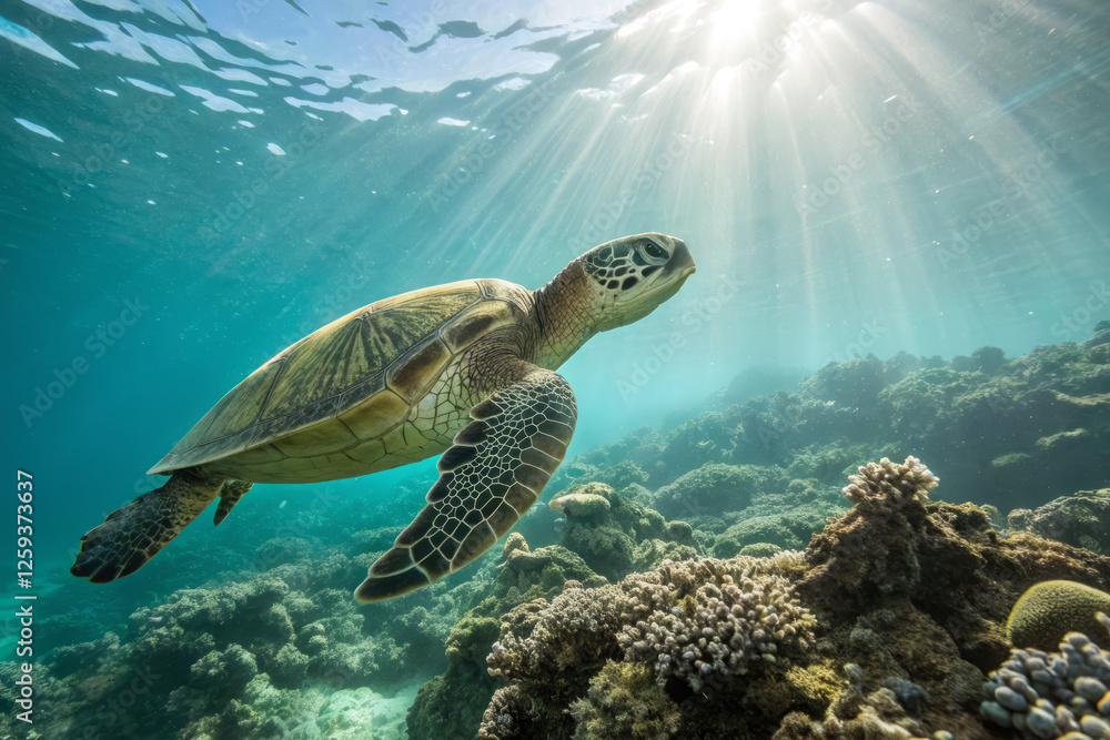 Obraz premium graceful sea turtle glides through clear waters, surrounded by vibrant coral reefs