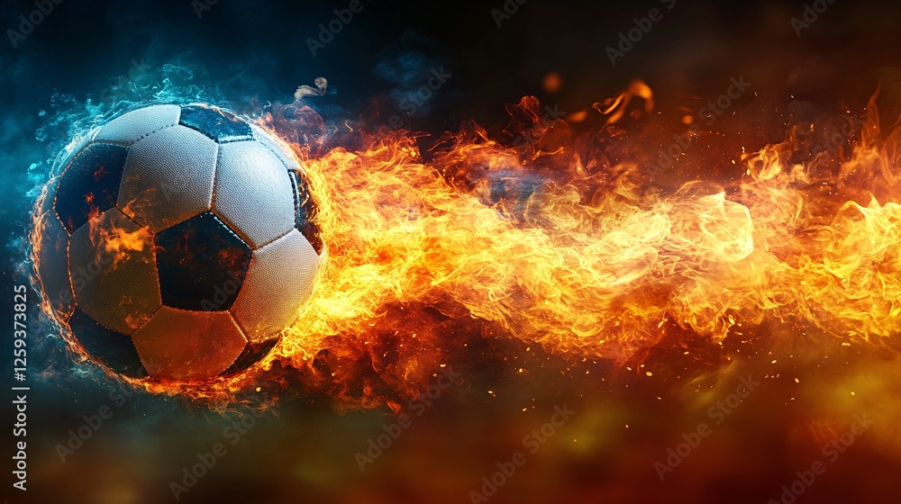 Fototapeta premium Fiery Soccer Ball Blazing Through Flames