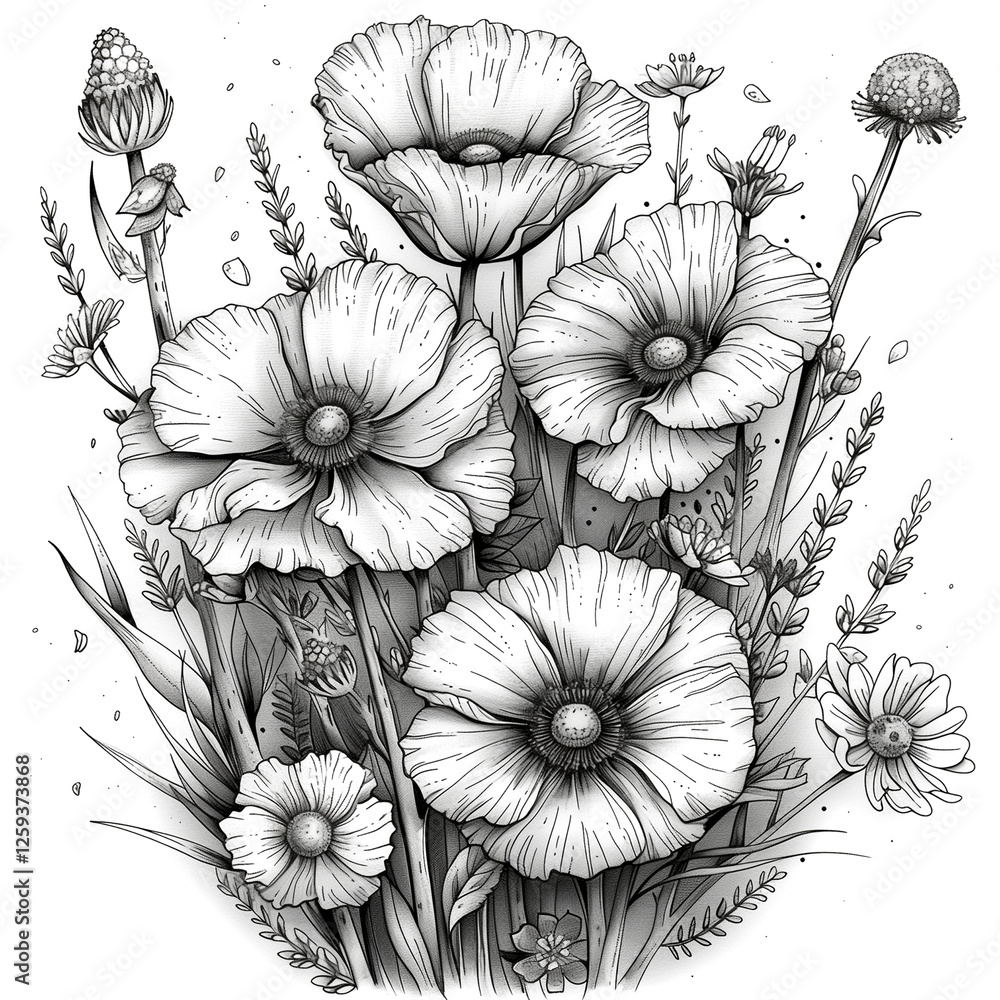 Fototapeta premium A drawing of a bunch of flowers with a black and white color scheme. The flowers are arranged in a way that they look like they are in a field