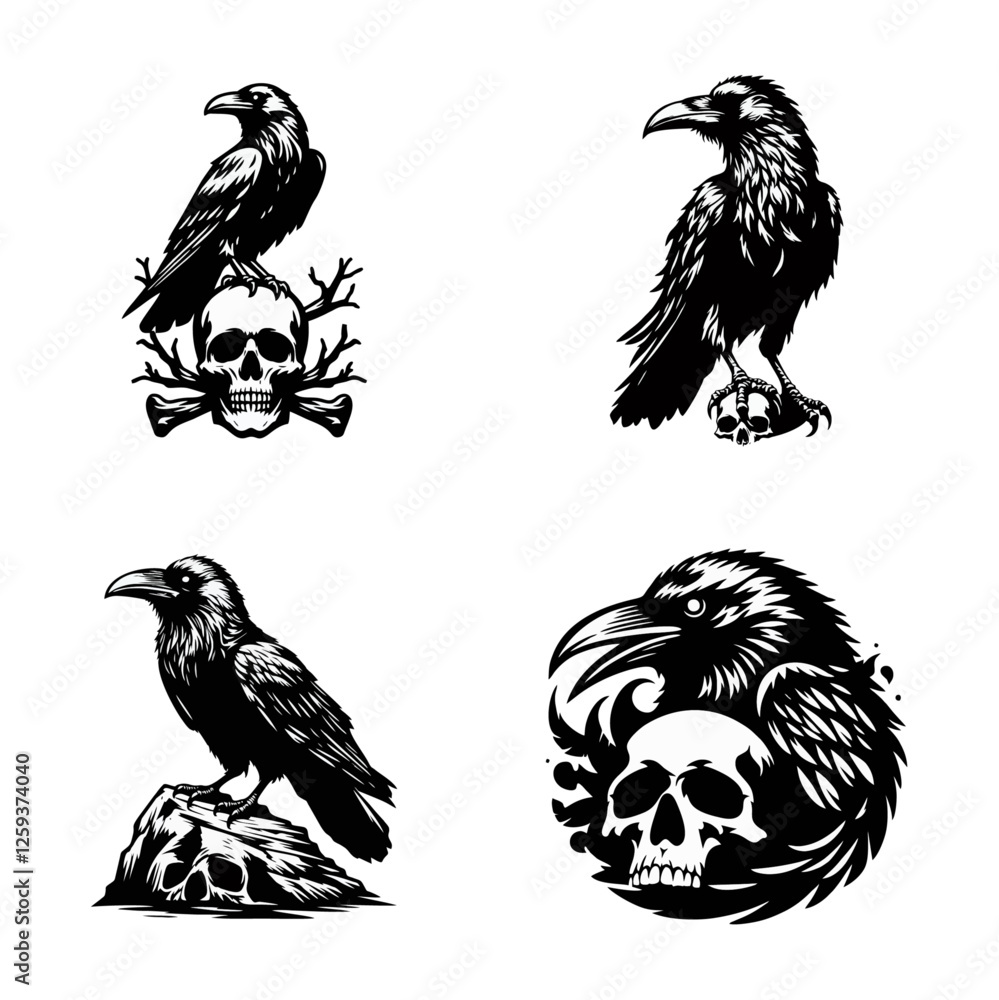 Obraz premium Raven skull silhouette black icon on white background