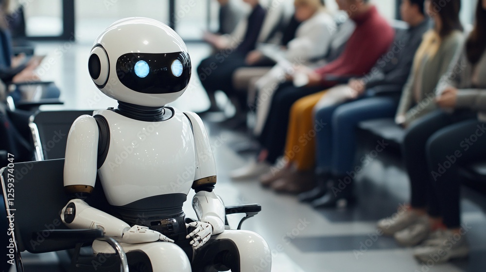 Medical robot sitting in hospital waiting room with patients Medical robot sitting in hospital waiting room with patients
