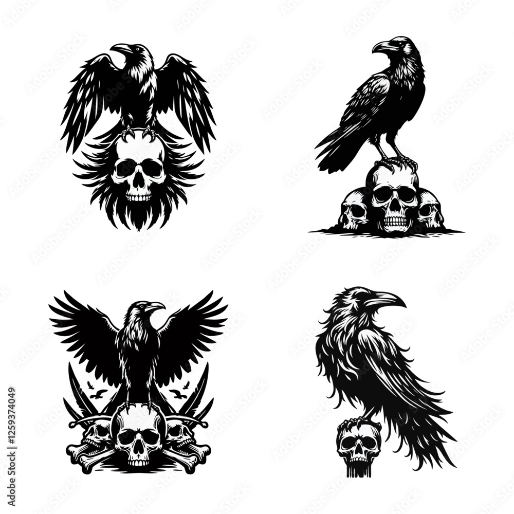 Fototapeta premium Raven skull silhouette black icon on white background