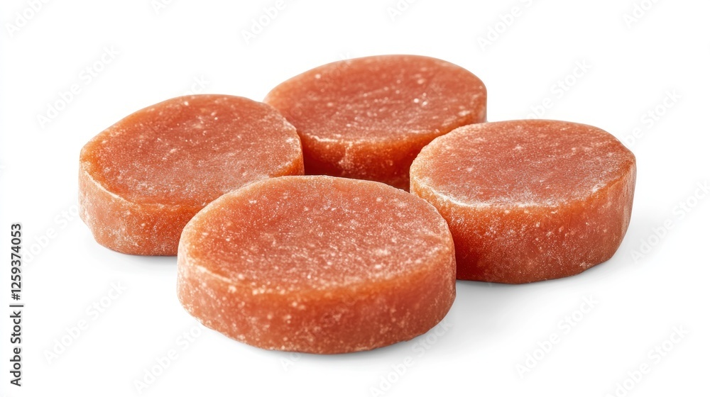 Four pink Himalayan salt discs, isolated on white background, for culinary use Four pink Himalayan salt discs, isolated on white background, for culinary use