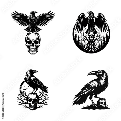 Raven skull silhouette black icon on white background