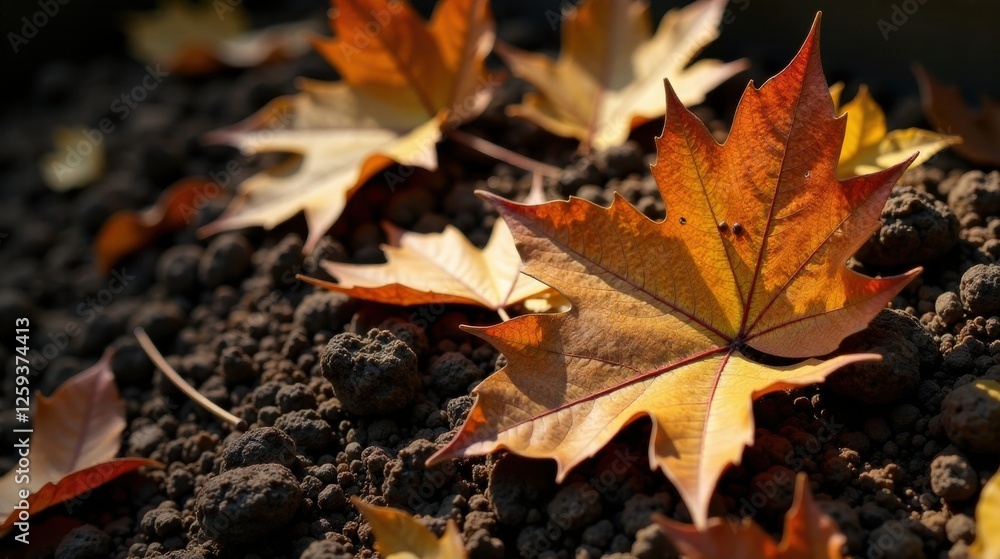 Autumnal Leaf on Dark Soil A Close-Up View of Nature's Transition Autumnal Leaf on Dark Soil A Close-Up View of Nature's Transition