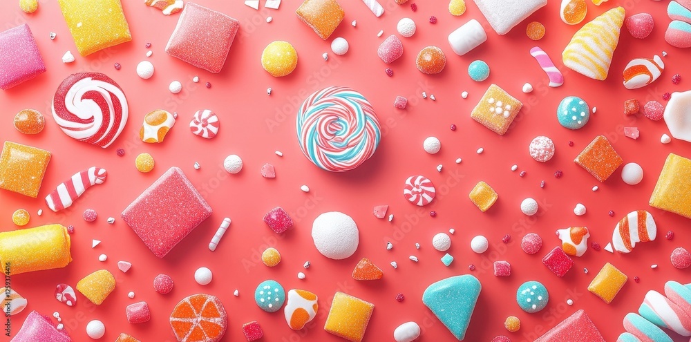 Fototapeta premium Colorful assortment of candies scattered across a bright red surface