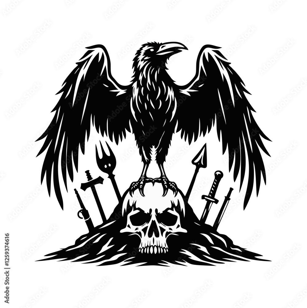 Obraz premium Raven skull silhouette black icon on white background