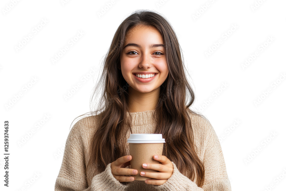 Smiling girl with plaid shirt holding coffee cup isolated on white or transparent, PNG Smiling girl with plaid shirt holding coffee cup isolated on white or transparent, PNG