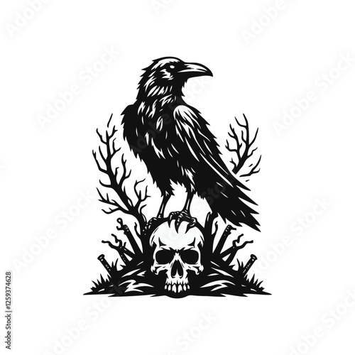 Raven skull silhouette black icon on white background
