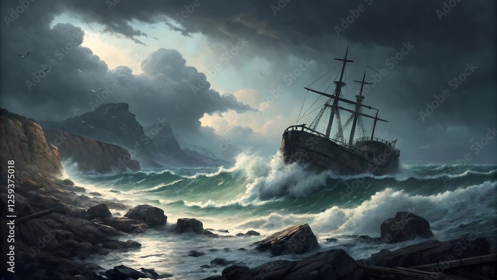 Obraz premium Shipwrecked vessel struggling against stormy waves