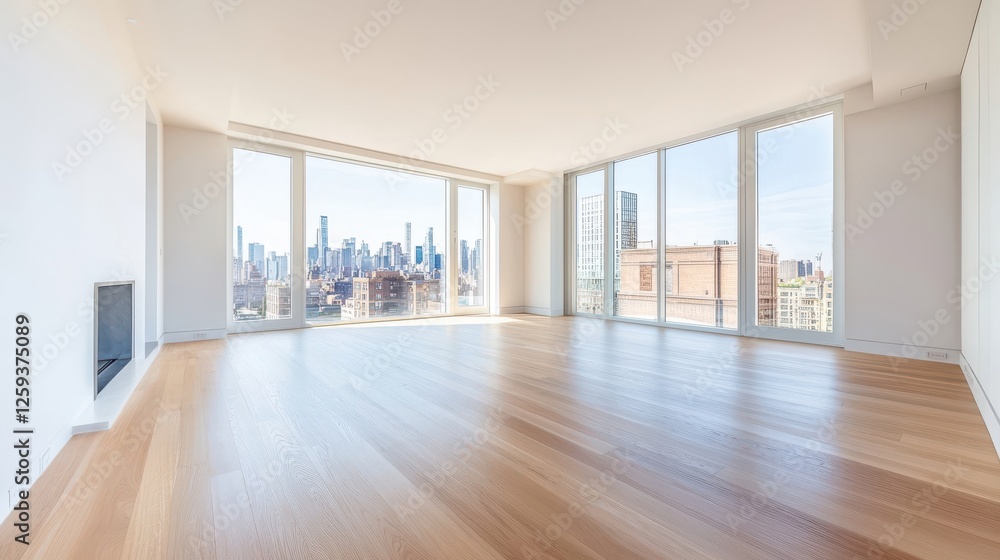 Fototapeta premium Spacious modern interior with large windows and city skyline view.
