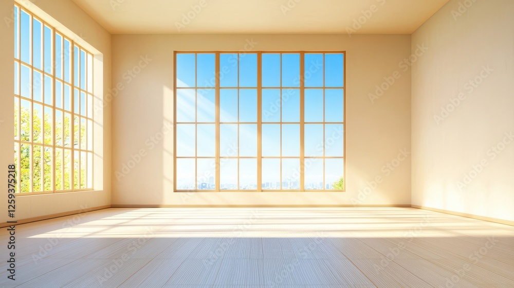 Obraz premium Bright empty room with large windows and natural light streaming in.