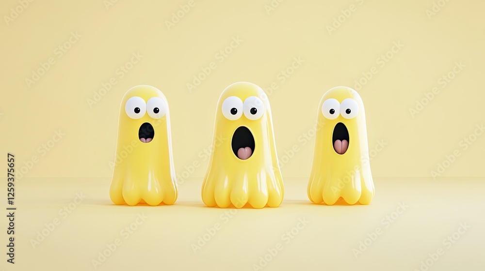 Three cheerful yellow ghost-like characters expressing surprise against a soft yellow background Three cheerful yellow ghost-like characters expressing surprise against a soft yellow background