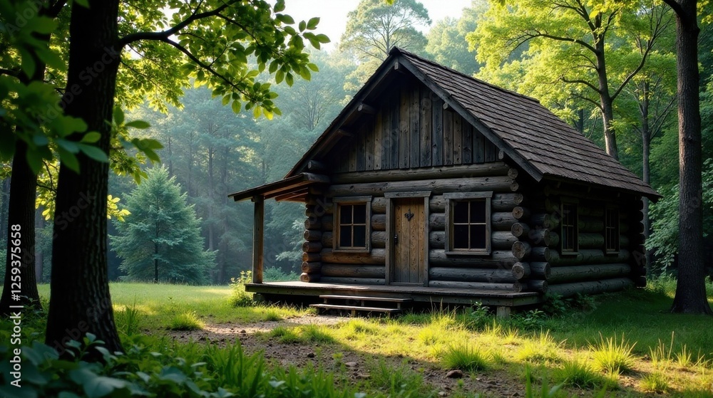 Rustic Log Cabin Nestled in a Verdant Forest, Bathed in the Soft Light of Dawn Rustic Log Cabin Nestled in a Verdant Forest, Bathed in the Soft Light of Dawn