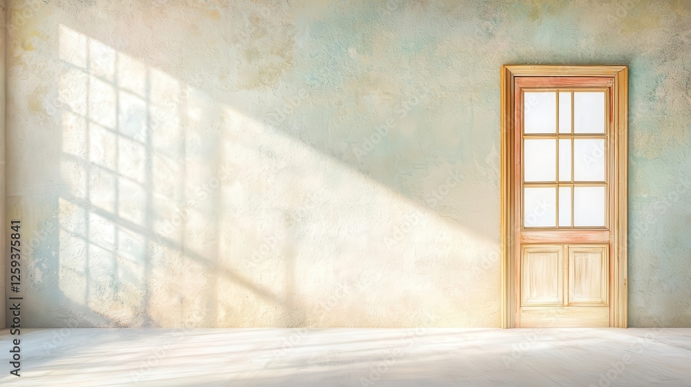 Empty room with an open wooden door casting light and shadows on the wall.