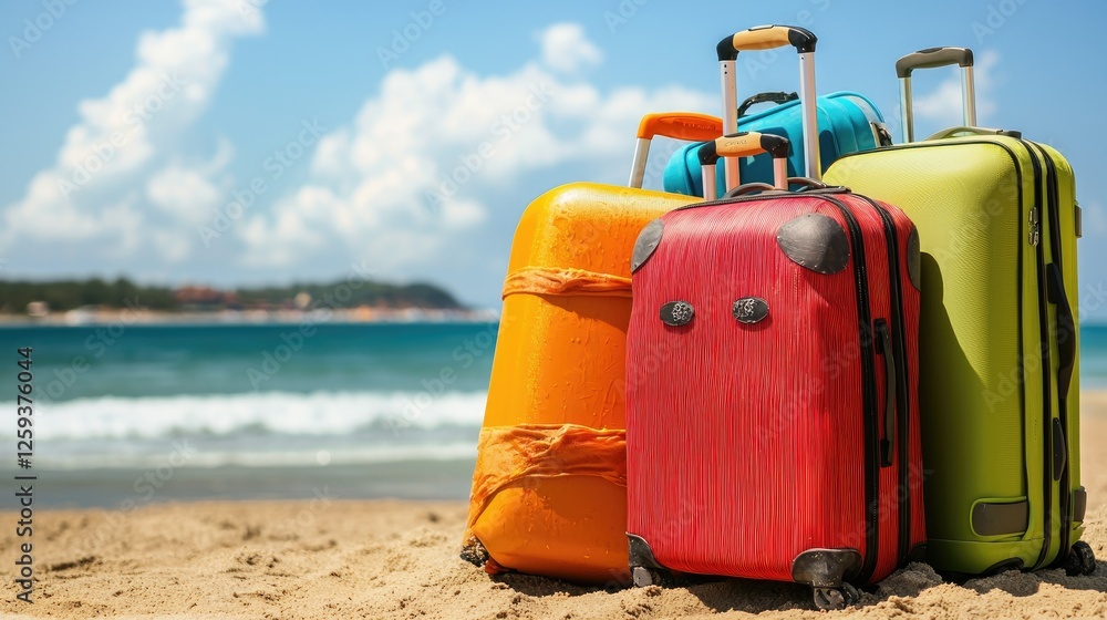 Colorful luggage stacked on sandy beach with ocean waves and blue sky in background Colorful luggage stacked on sandy beach with ocean waves and blue sky in background