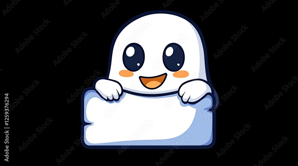 Obraz premium Cute cartoon ghost character with a cheerful expression peeking from behind a blank sign