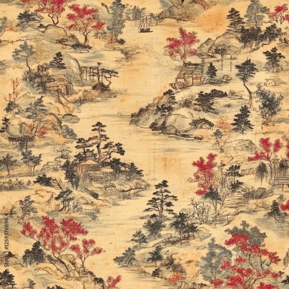 Naklejka premium Serene Asian Landscape with Red Foliage and Tranquil Water Scene