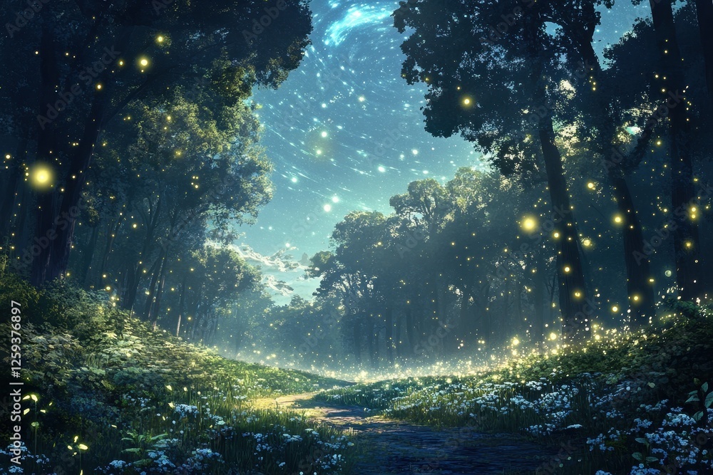Fototapeta premium Magical forest path lit by fireflies beneath a starry sky