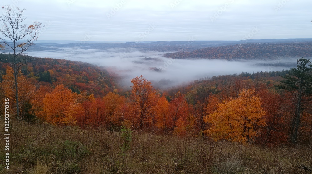 Fototapeta premium Autumn valley fog scenic overlook landscape postcard