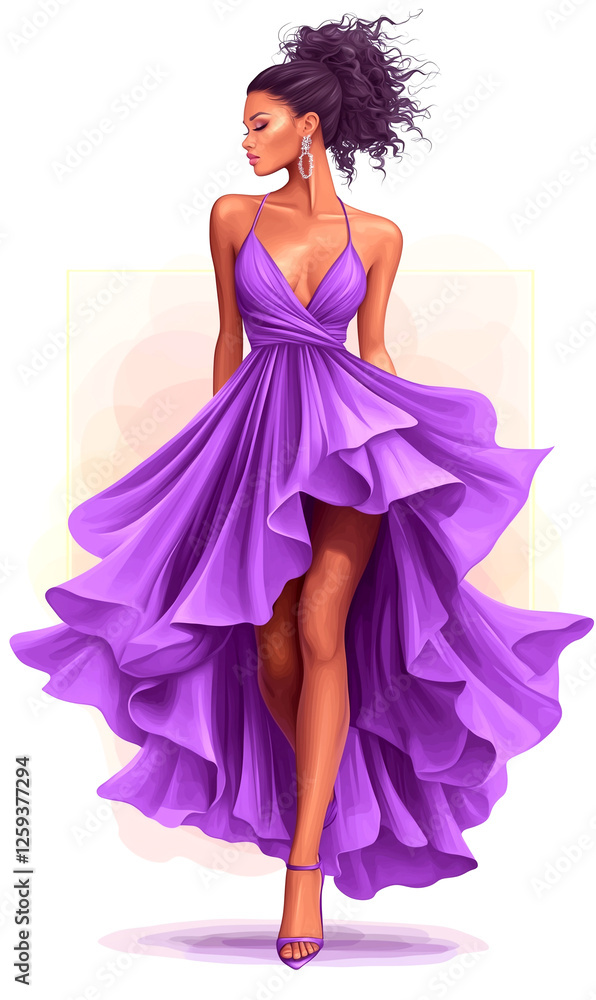 A woman in a purple dress is walking down a runway. The dress is long and flowing, and the woman is wearing high heels. Scene is elegant and sophisticated A woman in a purple dress is walking down a runway. The dress is long and flowing, and the woman is wearing high heels. Scene is elegant and sophisticated