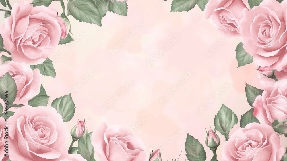 A beautiful pink rose frame with delicate flowers on a white background A beautiful pink rose frame with delicate flowers on a white background