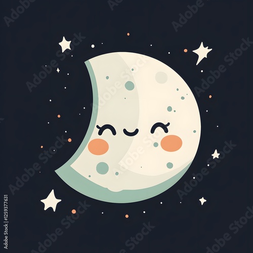 adorable moon minimalist icon character cute cheerful with dark background.