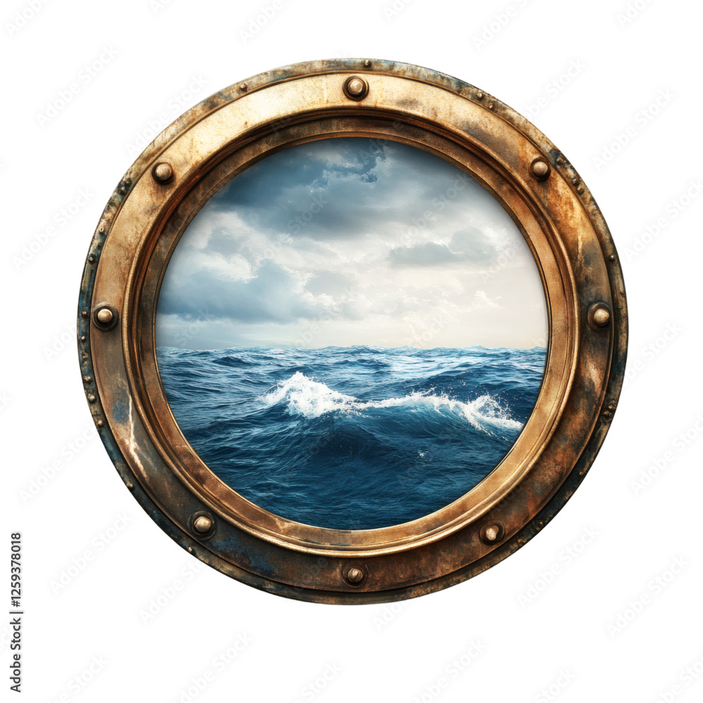 Porthole with a view of a stormy sea isolated on a transparent background Porthole with a view of a stormy sea isolated on a transparent background