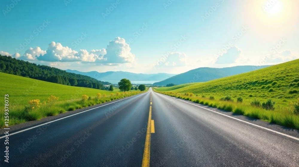 Fototapeta premium Asphalt road stretching towards distant hills under a vibrant summer sky, a picturesque journey ahead