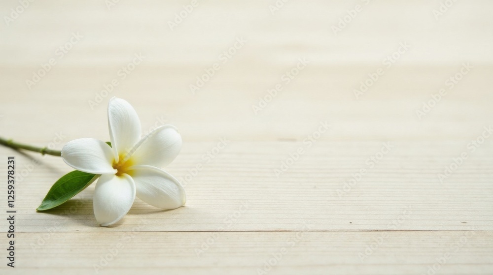 A single delicate white blossom rests on a light wood surface, a serene image perfect for meditation or relaxation A single delicate white blossom rests on a light wood surface, a serene image perfect for meditation or relaxation