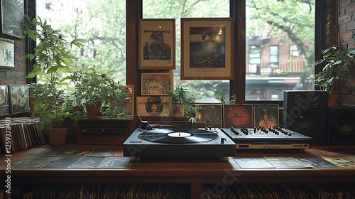 A stylish retro cafe with vinyl records displayed on walls cannabis leaves and a turntable playing music