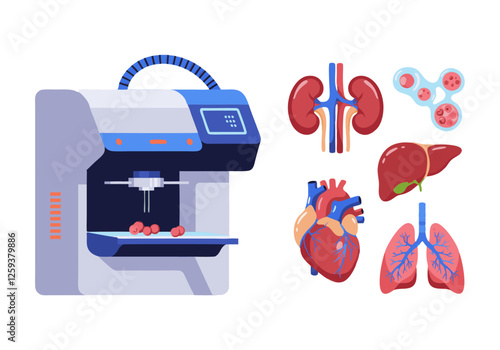 Medical bioprinter and Organ Diagrams. An illustration featuring a medical device alongside detailed diagrams of various organs, including the heart, lungs, liver, kidneys, and pancreas.