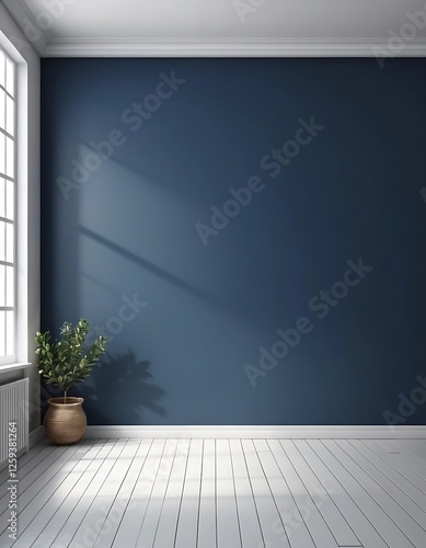 Minimalist Interior with Deep Blue Wall and Natural Light Casting Shadows
