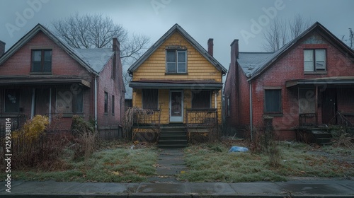 Three abandoned houses on a gloomy street, showing signs of decay and neglect. Depicts urban decay, abandonment, and the passage of time.