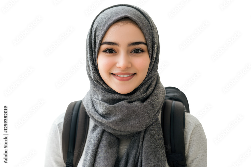 Smiling girl wearing hijab with backpack isolated on white or transparent, PNG Smiling girl wearing hijab with backpack isolated on white or transparent, PNG