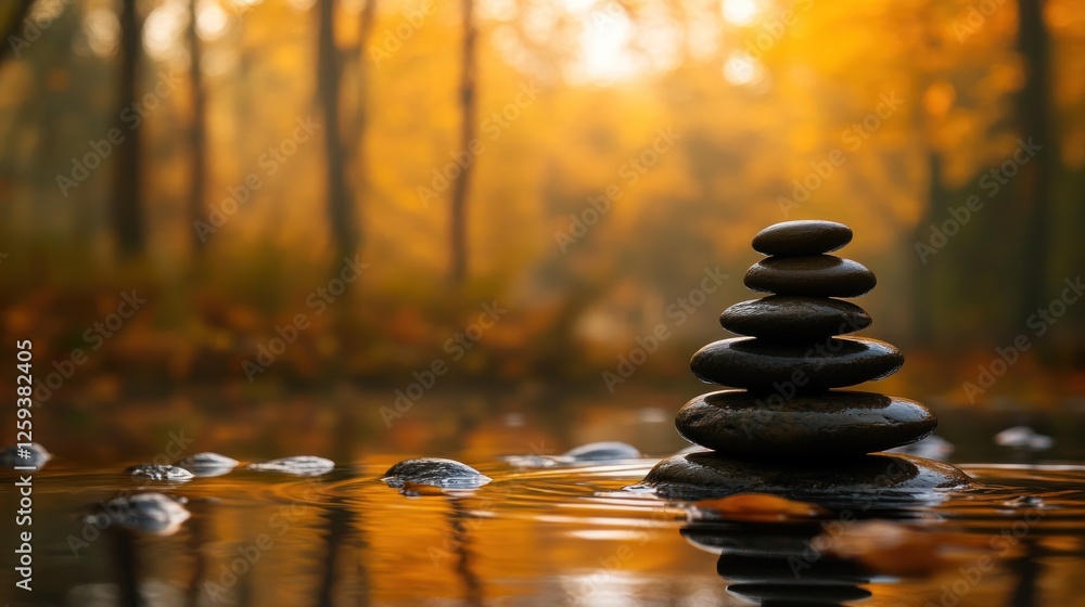 Obraz premium Autumnal forest, zen stones in calm water, wellness