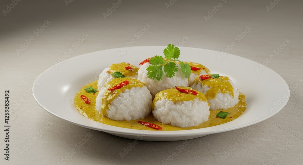 Elevated rice balls served with delicate curry sauce and a touch of chili spice Elevated rice balls served with delicate curry sauce and a touch of chili spice