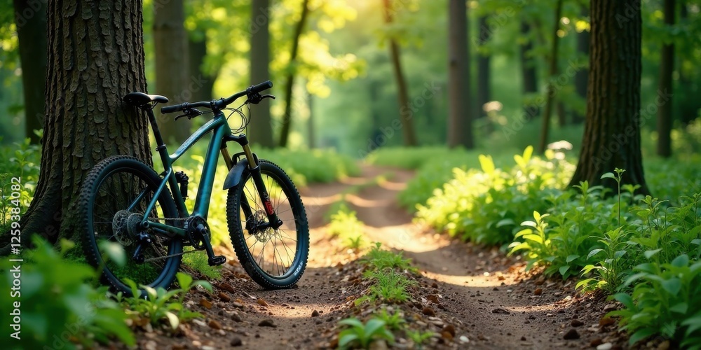 Serene woodland trail with a mountain bike resting against a tree trunk, bathed in the soft glow of sunlight filtering through the leaves. Serene woodland trail with a mountain bike resting against a tree trunk, bathed in the soft glow of sunlight filtering through the leaves.