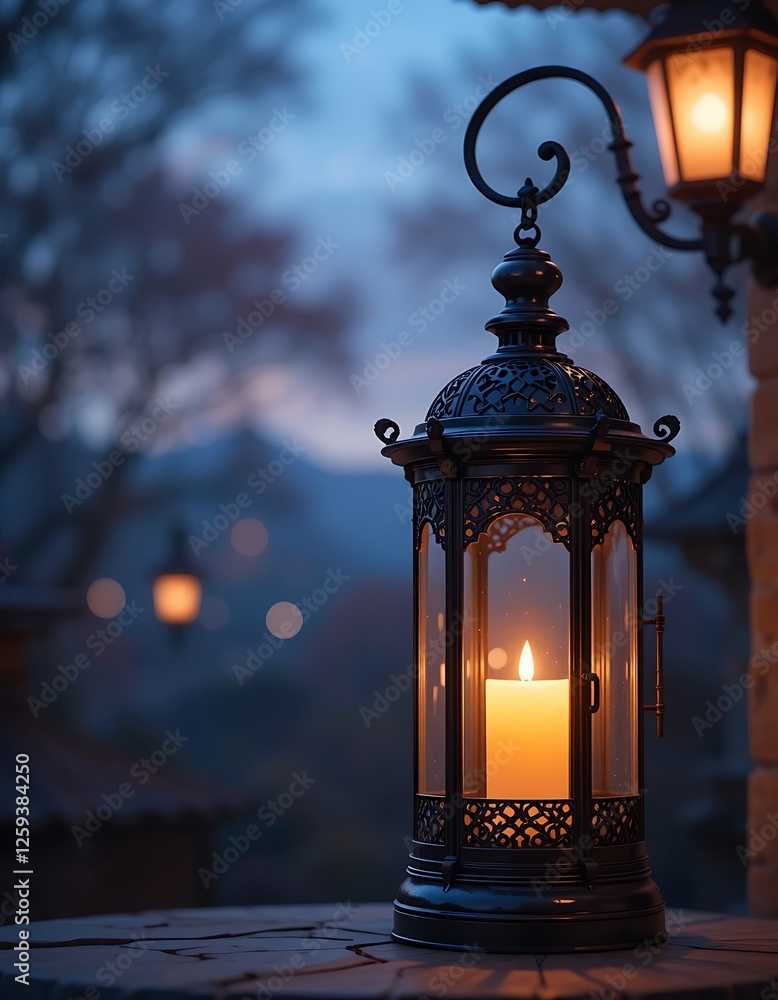 Elegant Candle Lantern Illuminating a Tranquil Evening Landscape Scene Elegant Candle Lantern Illuminating a Tranquil Evening Landscape Scene