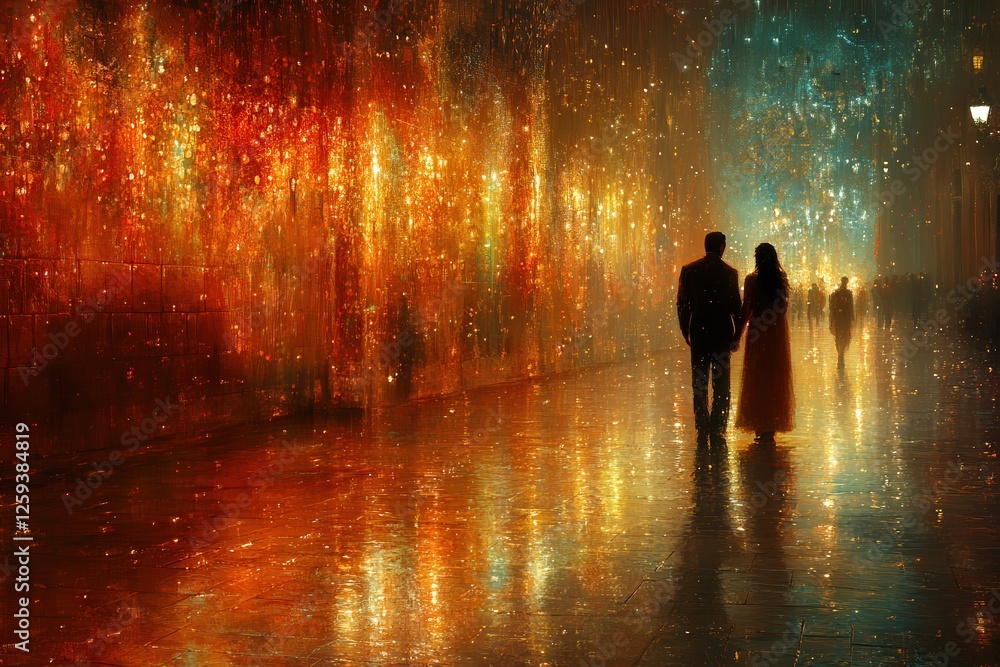 Romantic Evening Stroll with Colorful Reflections in a City Street Romantic Evening Stroll with Colorful Reflections in a City Street