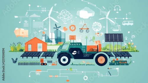 High-quality stock vector of agriculture tech symbols, featuring renewable energy integration, hydroponic farming, AI-powered pest detection, self-driving farm equipment, and data-driven yield predict