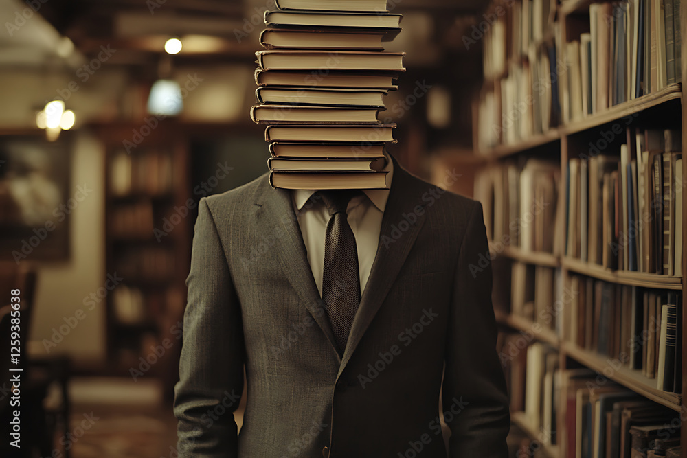 Man in Suit Concealed by a Stack of Books in a Dimly Lit Library Man in Suit Concealed by a Stack of Books in a Dimly Lit Library