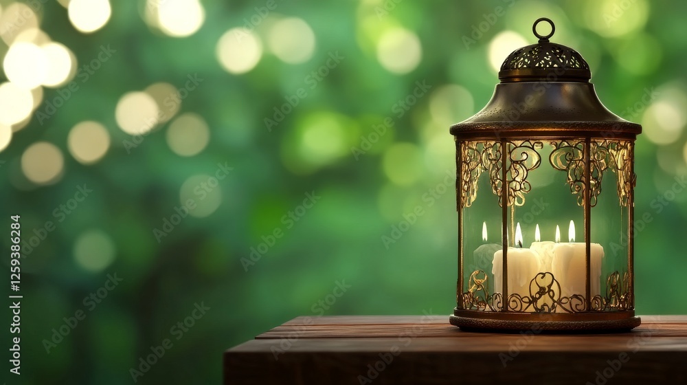 A beautiful, ornate lantern with burning candles on a wooden table against a green bokeh background A beautiful, ornate lantern with burning candles on a wooden table against a green bokeh background