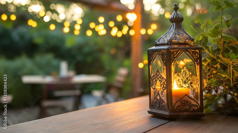 A beautiful, ornate lantern with burning candles on a wooden table against a green bokeh background A beautiful, ornate lantern with burning candles on a wooden table against a green bokeh background