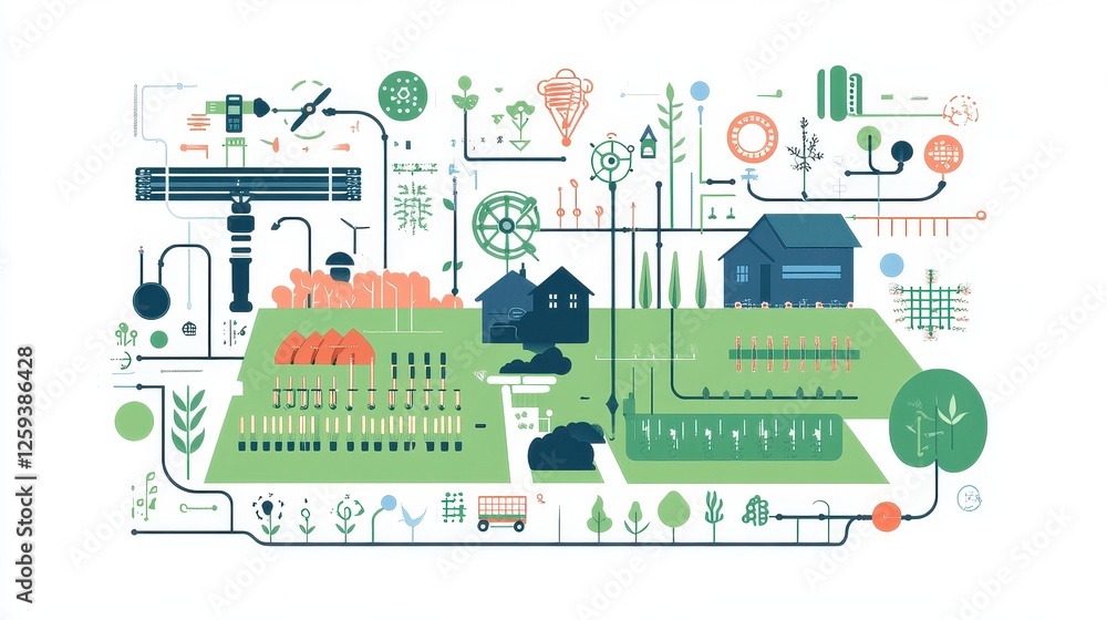Infographic-style icon pack illustrating innovative farming technology, displaying machine learning applications, remote sensing, climate-smart agriculture, automated crop rotation. Infographic-style icon pack illustrating innovative farming technology, displaying machine learning applications, remote sensing, climate-smart agriculture, automated crop rotation.