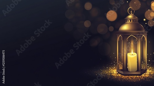 A beautiful, ornate lantern with burning candles on a wooden table against a green bokeh background