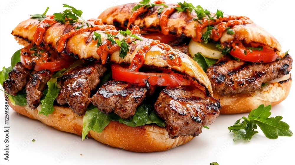 Delicious grilled steak sandwiches gourmet kitchen food photography bright white background close-up culinary delight