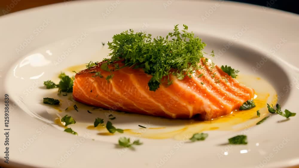 A gourmet dish featuring vibrant orange sauce and fresh herbs on a clean plate. A gourmet dish featuring vibrant orange sauce and fresh herbs on a clean plate.