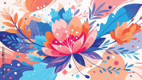A dynamic background with splashes of watercolor in shades of pink, blue, and orange forming delicate floral patterns. flower background