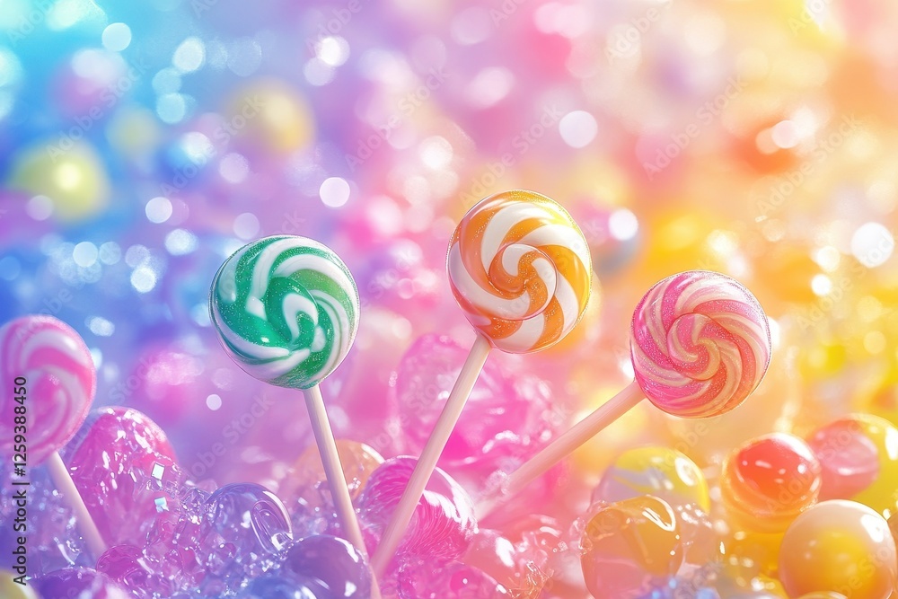 Colorful swirl lollipops stand amongst sugary treats with bright bokeh Colorful swirl lollipops stand amongst sugary treats with bright bokeh